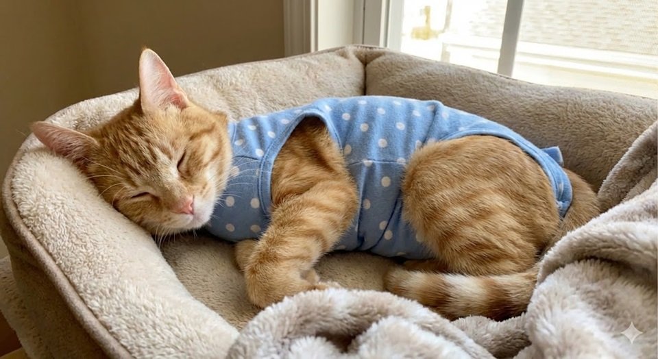 Gato (macho ou fêmea) usando uma roupa cirúrgica de castração em gatos colorida e confortável, deitado em uma cama macia, parecendo tranquilo.