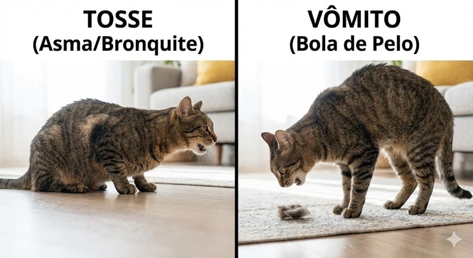 Montagem dividida: Esquerda (Gato agachado tossindo com pescoço esticado = Asma); Direita (Gato com contração abdominal forte = Vômito).