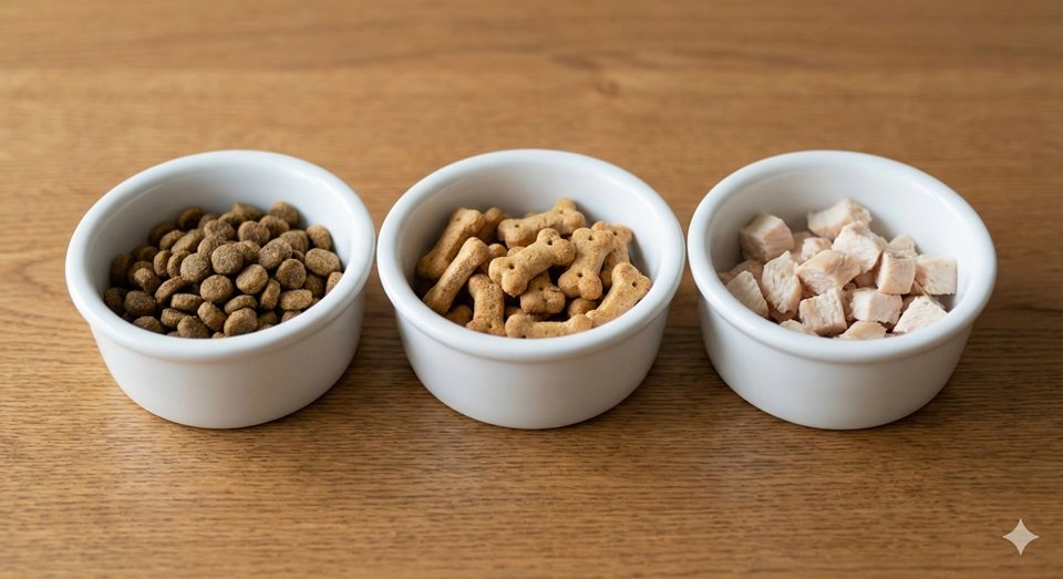 Três potes pequenos com tipos diferentes de comida: ração seca, biscoitos e pedaços de frango cozido.