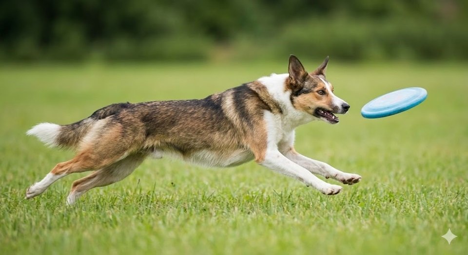 Um cachorro correndo em alta velocidade num campo, focado em pegar uma bolinha ou um frisbee.