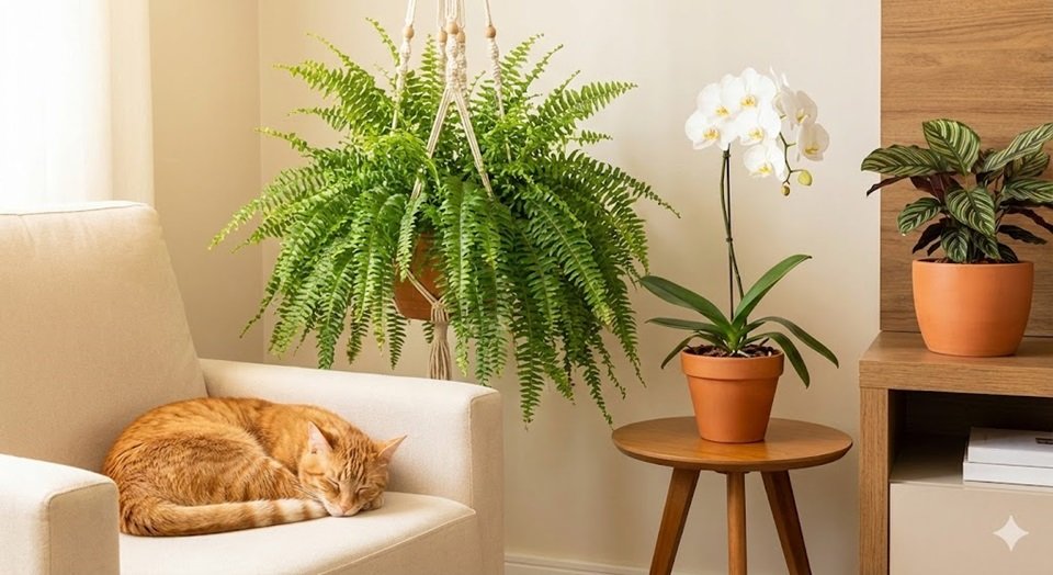 Gato dormindo tranquilo ao lado de uma Samambaia Americana e uma Orquídea (plantas seguras).