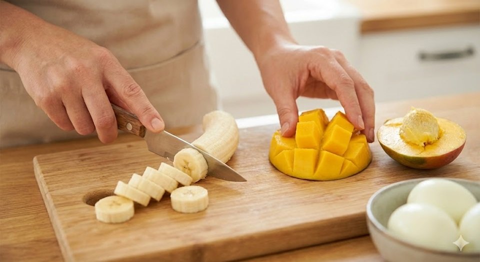 Uma manga sendo cortada em cubos perfeitos, com o caroço grande separado e descartado ao lado.