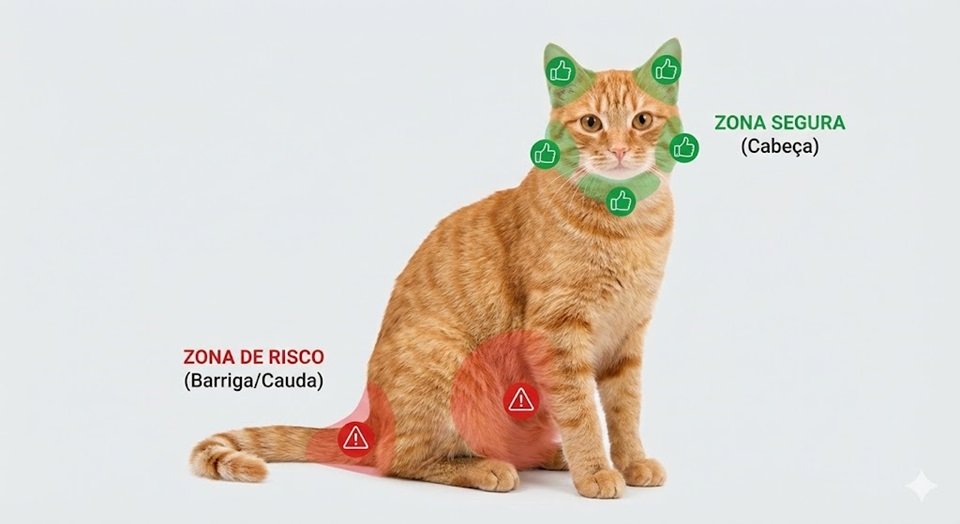 Infográfico sobreposto em um gato mostrando onde fazer carinho (cabeça/queixo) e onde evitar (barriga/cauda).