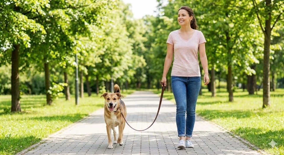 Uma mulher caminhando tranquilamente num parque ensolarado, com um cachorro de porte médio ao lado dela e a guia visivelmente frouxa (formando um "U").