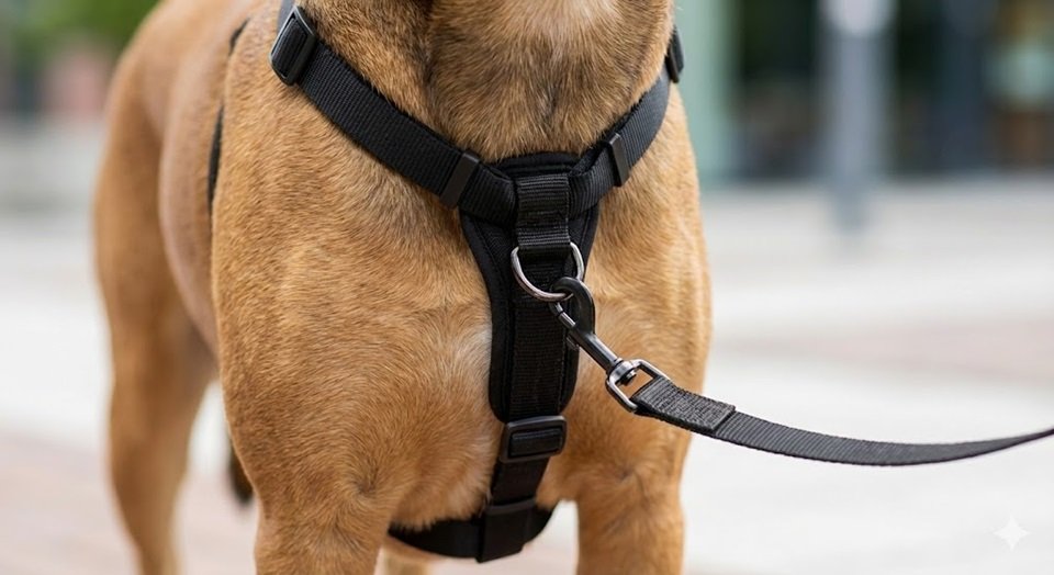 Close-up no peito de um cachorro usando um peitoral anti-puxão, mostrando claramente a guia engatada na argola frontal, no peito do animal.