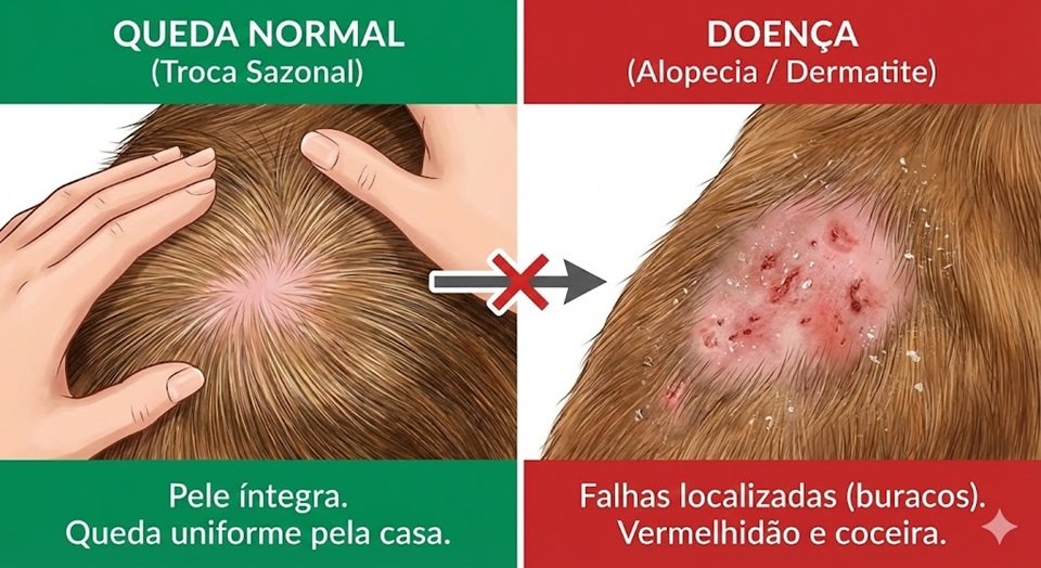 Comparativo. Lado A: Pelo brilhante e pele íntegra. Lado B: Pele com falhas arredondadas (alopecia), vermelhidão e descamação.