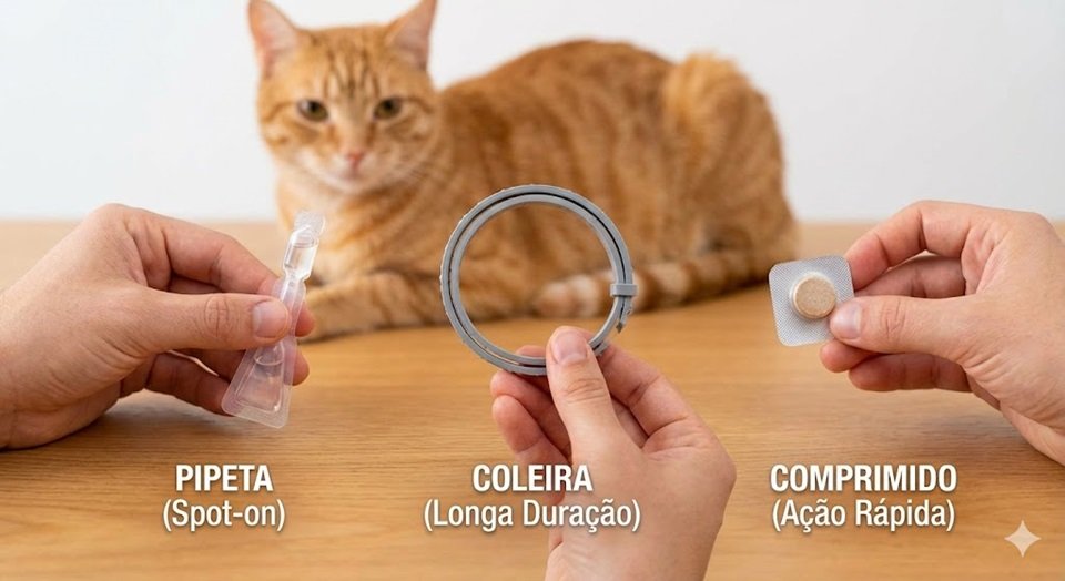 Comparativo visual de produtos: Uma mão segurando uma pipeta, outra segurando uma coleira Seresto e outra um comprimido.