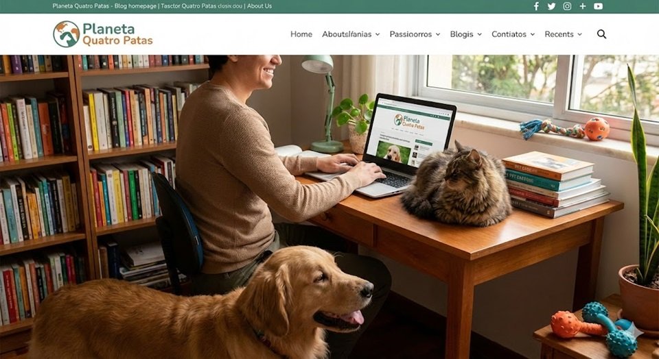 Redator do blog Planeta Quatro Patas pesquisando em um notebook em home office, acompanhado de um cachorro Golden Retriever e um gato tigrado sobre a mesa, cercado por livros, ilustrando o processo de curadoria de conteúdo.