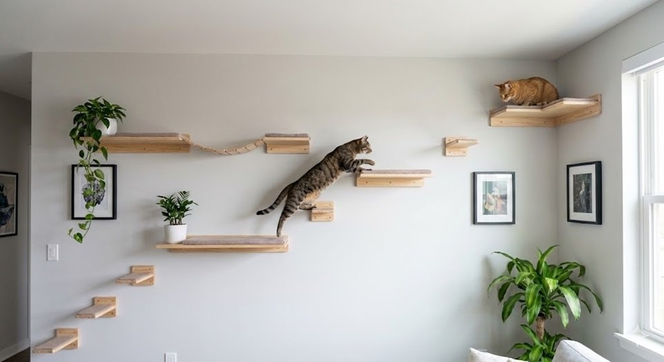 Uma parede de sala decorada com prateleiras escalonadas e nichos, com um gato pulando de uma para a outra.