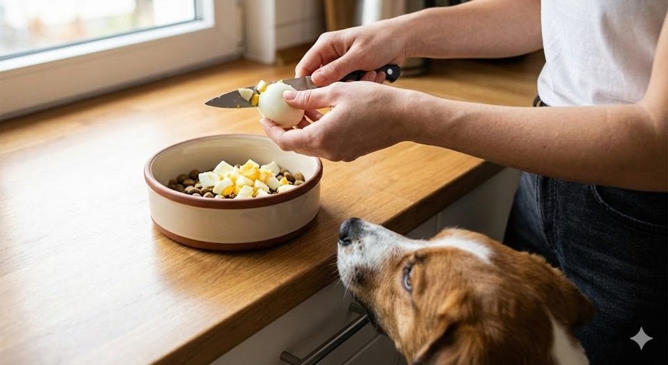 Mão de uma pessoa descascando um ovo cozido e cortando em pedaços pequenos para o pote do cachorro.