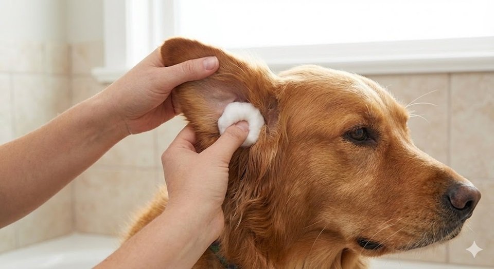 Close-up da mão de um tutor colocando delicadamente uma bola de algodão no ouvido do cachorro antes do banho.