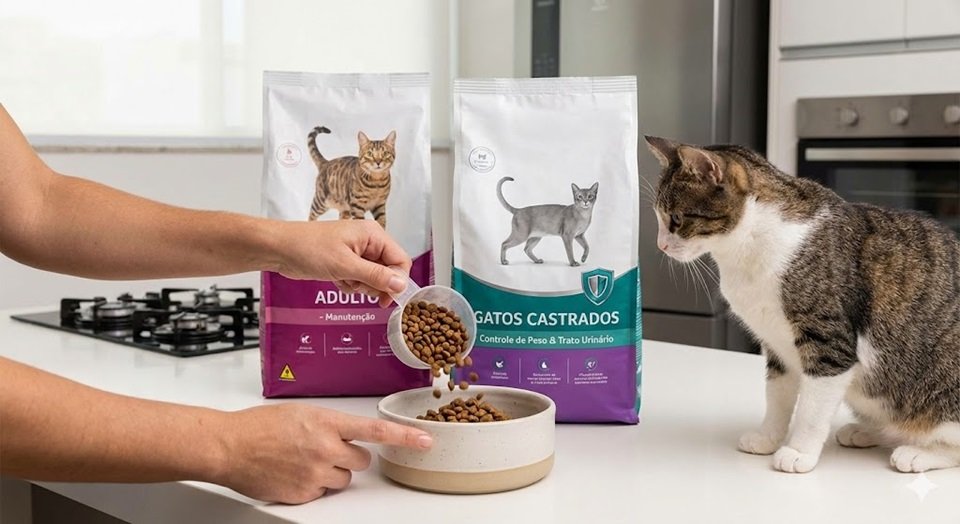 Tutor servindo ração específica "Castrados" no pote.