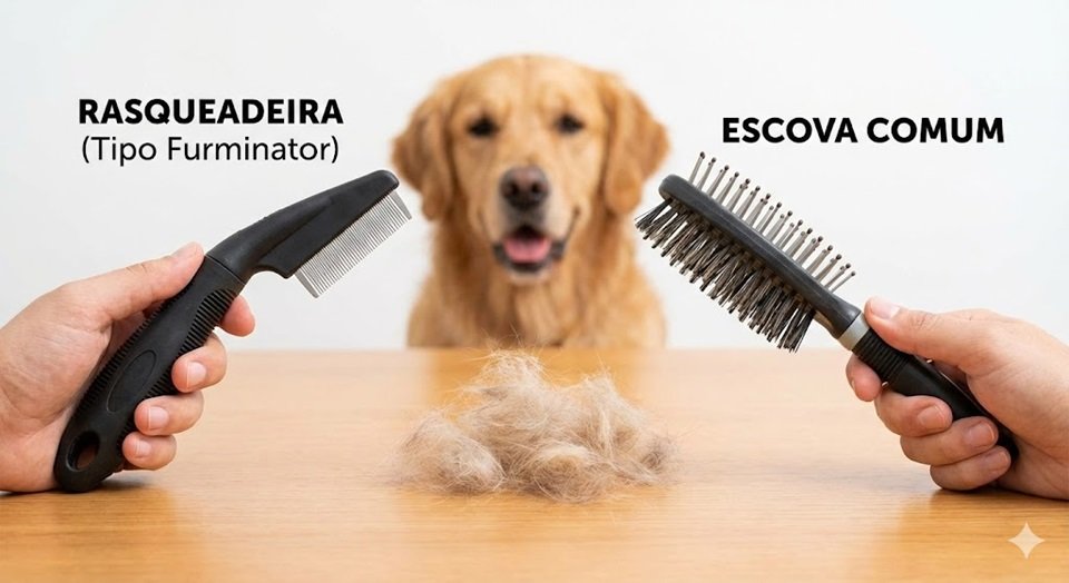 Mão segurando uma rasqueadeira de subpelo (tipo Furminator) mostrando os dentes de metal curtos, versus uma escova de plástico comum.