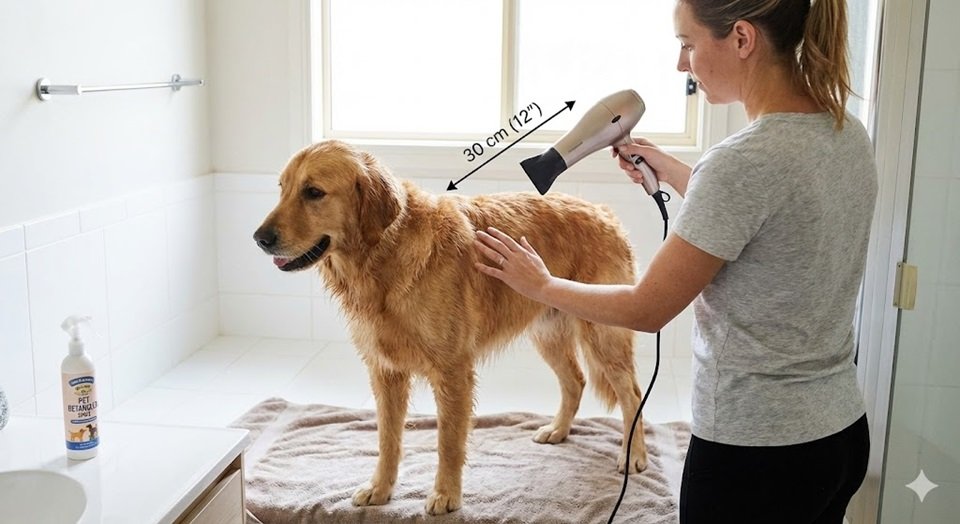 Tutor secando o cachorro com um secador de cabelo, mantendo uma distância segura de 15cm e testando a temperatura na própria mão.