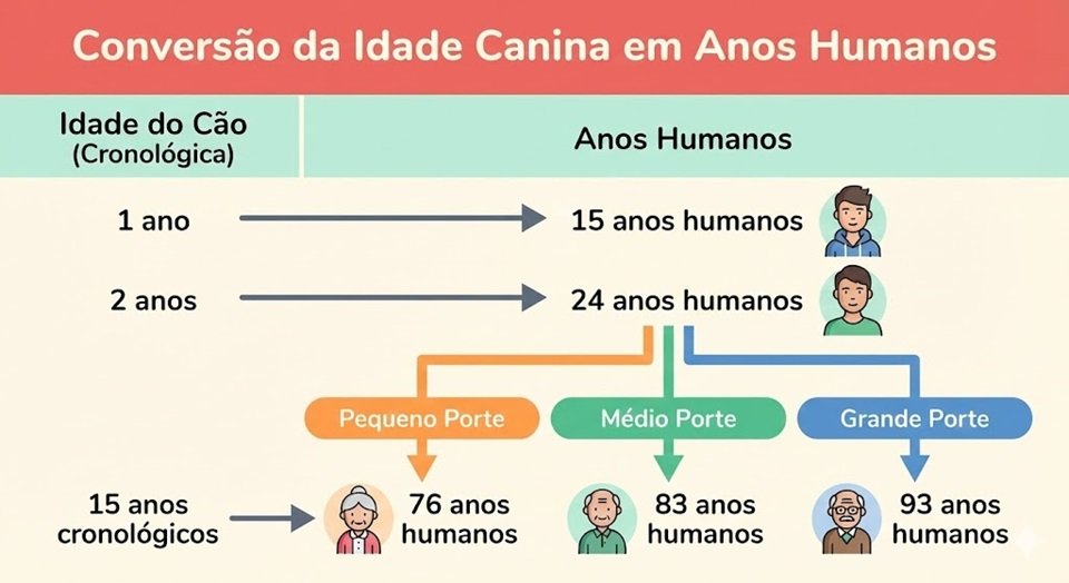 Infográfico comparativo mostrando a conversão da idade de cachorro para anos humanos baseada no porte.
