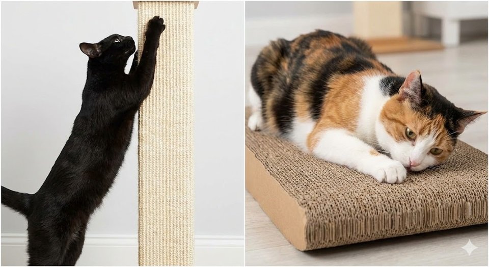 Comparativo visual mostrando um gato usando arranhador vertical e outro usando um horizontal de papelão.