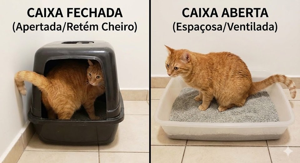 Comparativo visual: Gato apertado numa caixa fechada vs. Gato confortável numa caixa aberta e ampla.