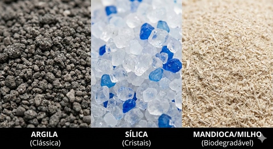 Foto macro (close-up) dividida em 3: Textura da Areia de Argila (pedrinhas cinzas), Areia de Sílica (cristais brancos/azuis) e Areia de Madeira/Mandioca (clara e fina).
