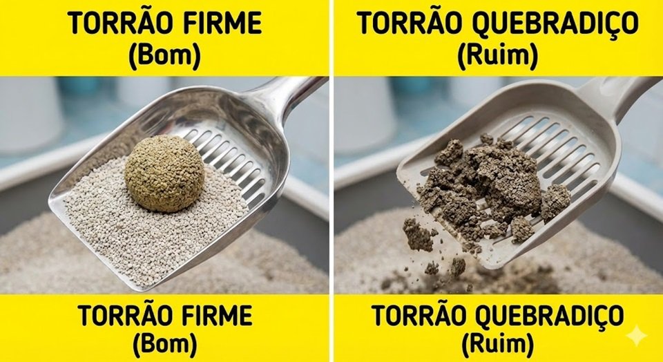 Uma pá coletora levantando um torrão perfeito e firme (areia premium) ao lado de um torrão esfarelando (areia barata).