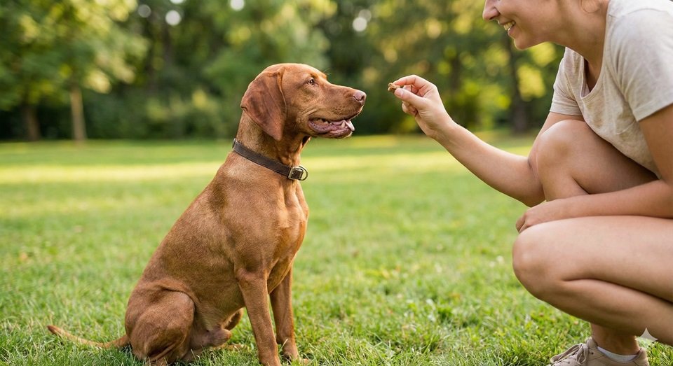 Um tutor agachado na altura do cachorro, segurando um petisco, com o cão focado e atento, num parque praticando o adestramento positivo.