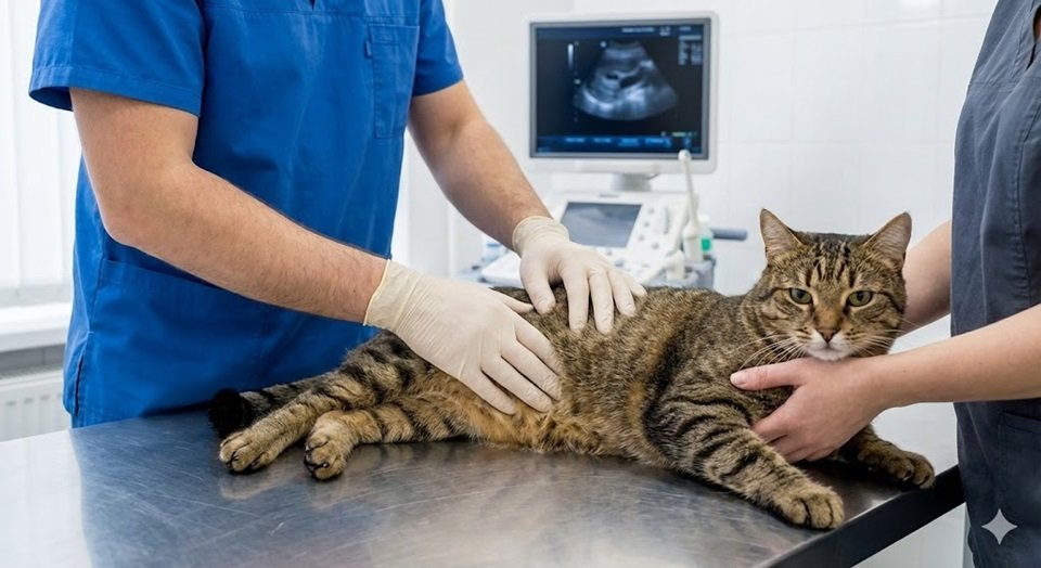 Veterinário palpando o abdômen de um gato para verificar a bexiga.